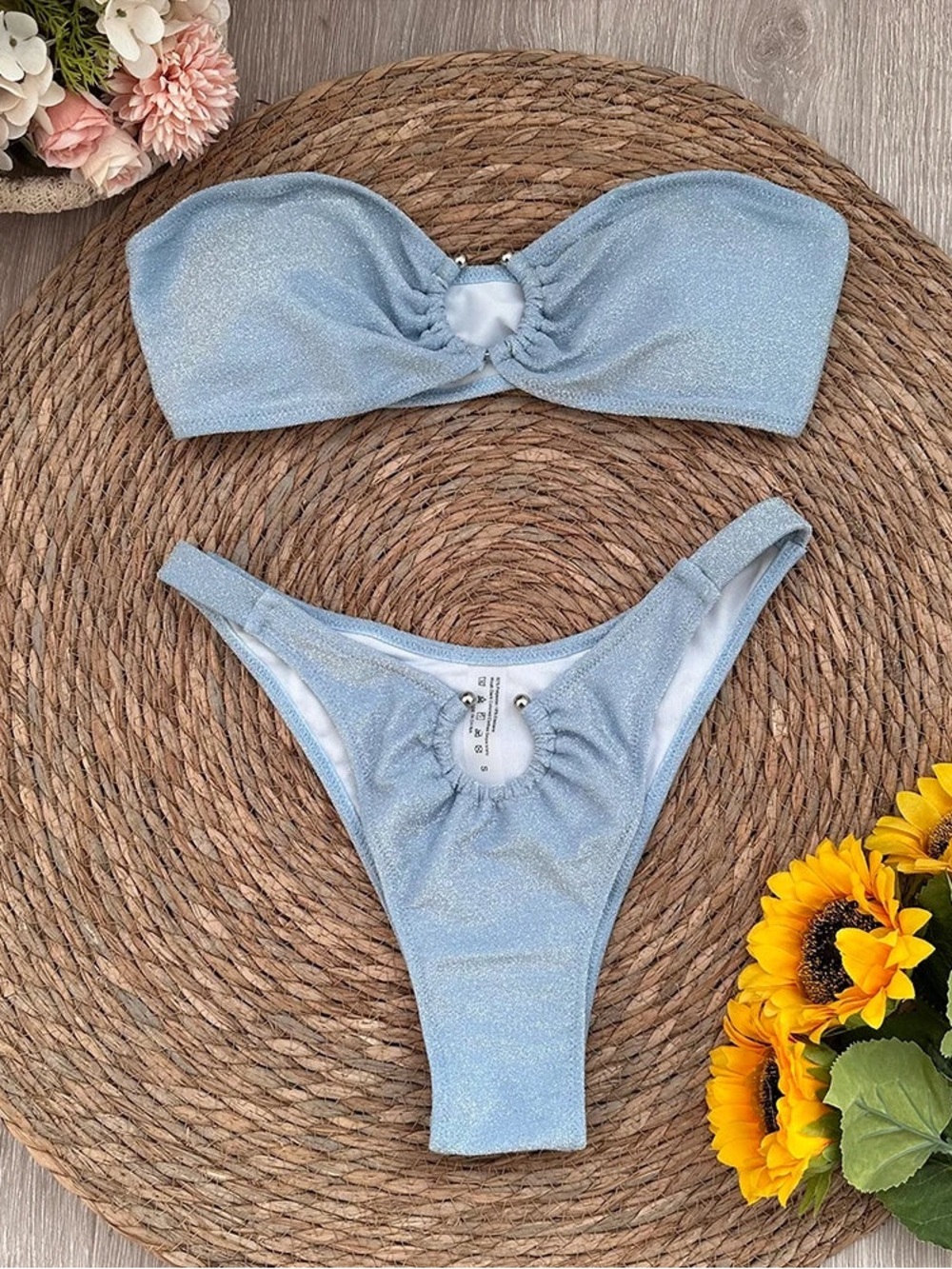 Shimmery Strapless Light Blue Bandeau Bikini Set